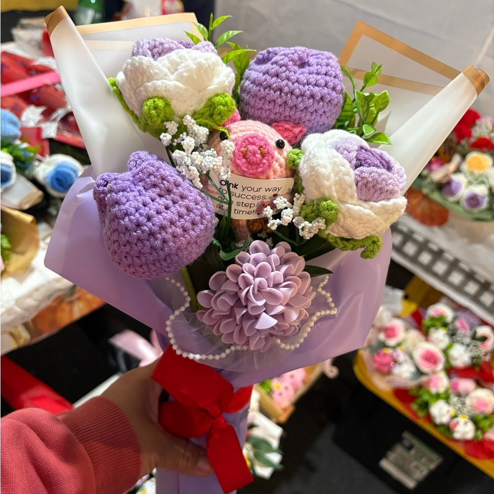 Handcrafted Purple and White Crochet Flower Bouquet